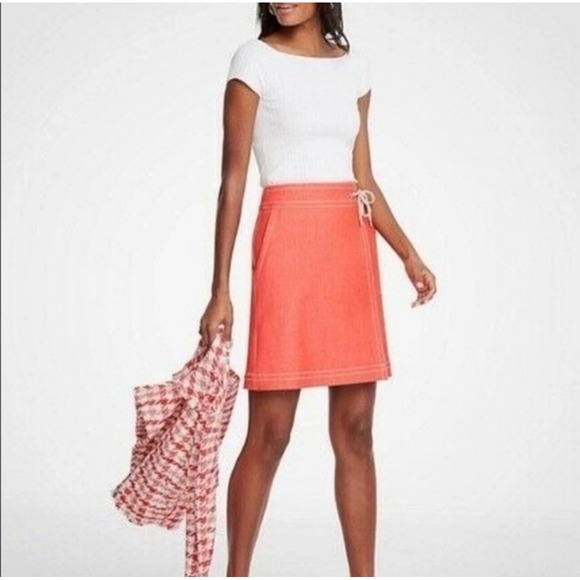 Ann Taylor Chambray Coral Orange Faux Wrap A Line Skirt Size 2 NWOT - Picture 2 of 9